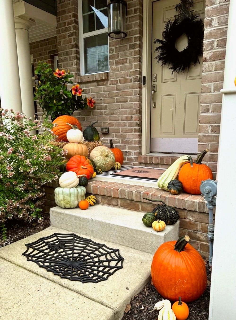 Fall porch with corn stalks and pumpkins